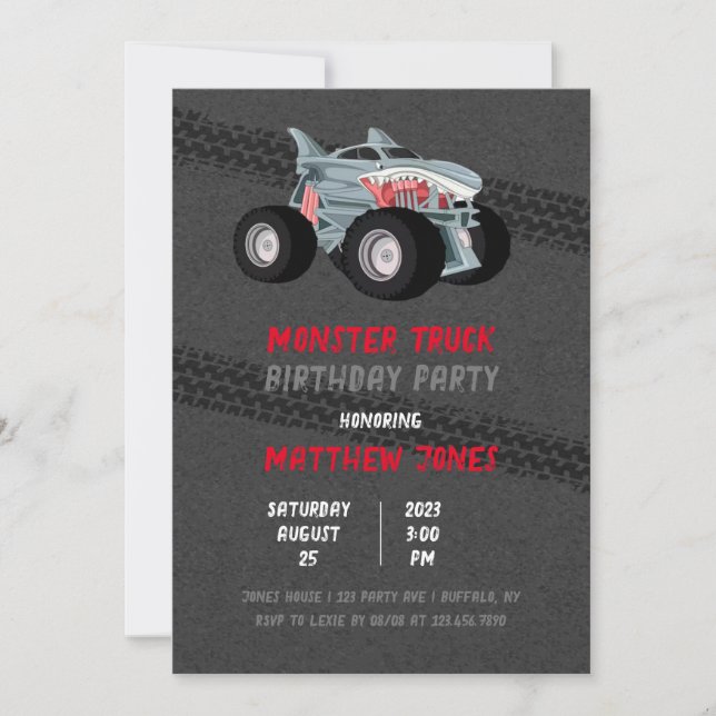 Invitation Shark Monster Truck Racing Drapeau fête d'annivers (Devant)