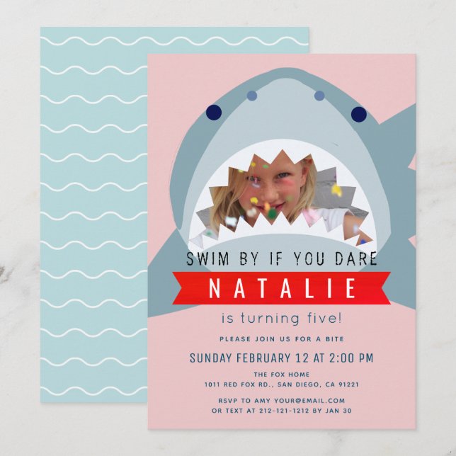 Invitation Shark Pink Pool Girl Photo Anniversaire (Devant / Derrière)