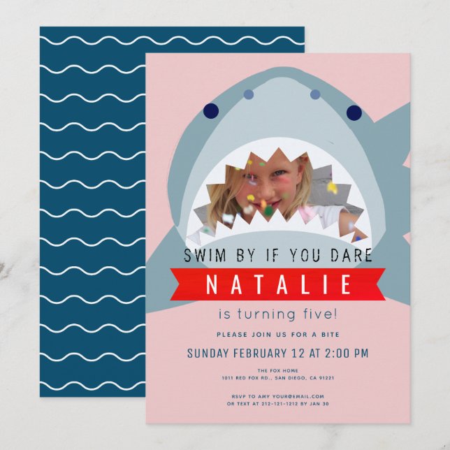 Invitation Shark Rose & Navy Blue Pool Girl Photo Anniversair (Devant / Derrière)