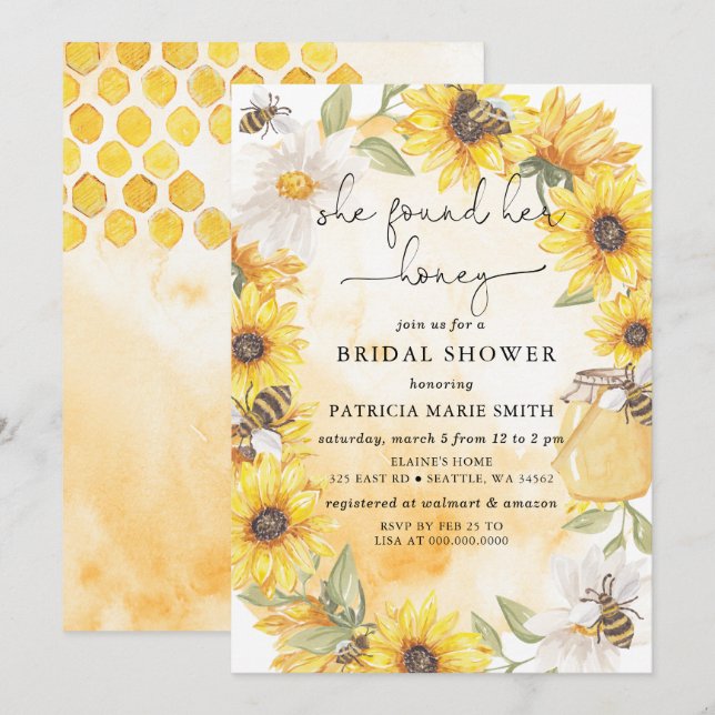 Invitation She Found Her Honey Floral Bee Bridal Shower (Devant / Derrière)