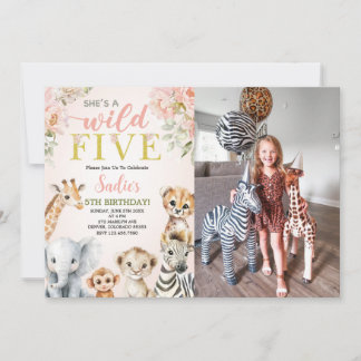 Invitation She's a Wild Five Floral Safari Birthday Photo