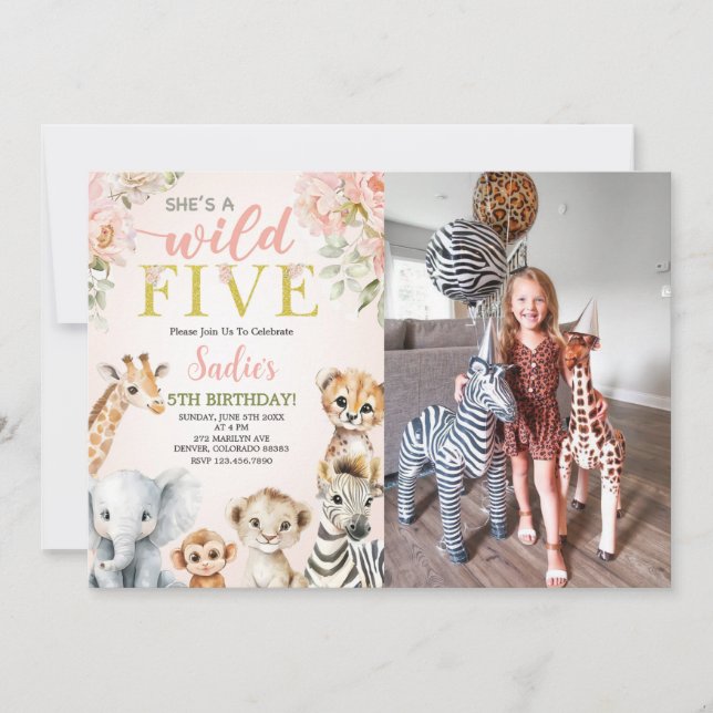 Invitation She's a Wild Five Floral Safari Birthday Photo (Devant)