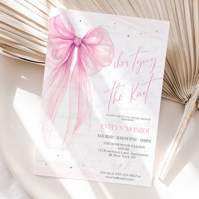 Invitation She's tying the knot Bridal shower Bow pink (She's tying the knot Bridal shower invitation Editable Bachelorette Party Invite Bow Modern Brunch P)