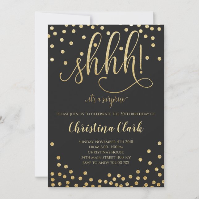 Invitation Shh Surprise fête d'anniversaire Black Gold Confet (Devant)
