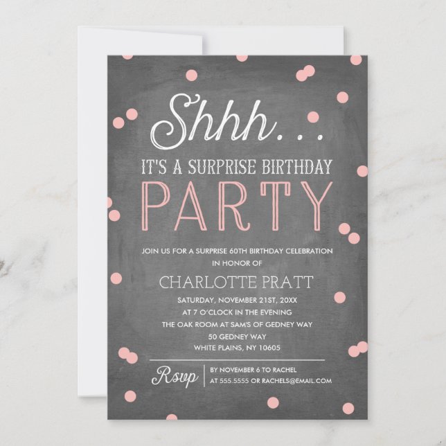 Invitation Shh Surprise fête d'anniversaire rose et tableau d (Devant)