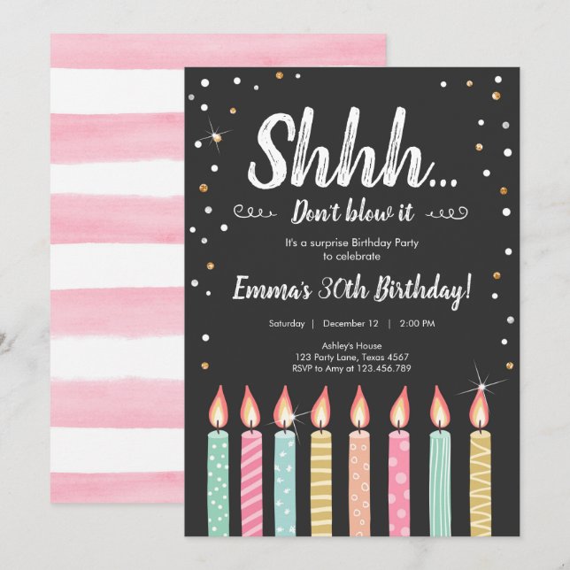 Invitation Shhh c'est une fête d'anniversaire de confettis (Devant / Derrière)