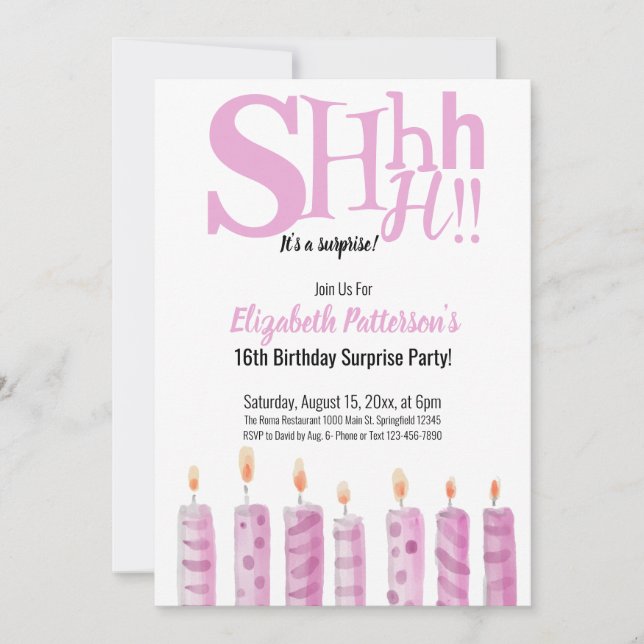 Invitation Shhh C'est une surprise 16e fête d'anniversaire ro (Devant)