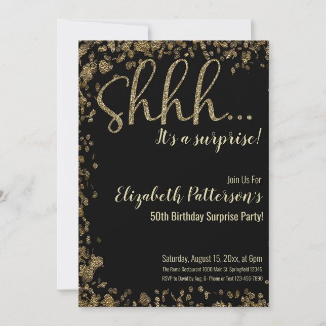 Invitation Shhh C'est une surprise fête d'anniversaire Gold A (Devant)