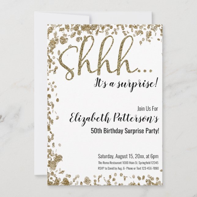 Invitation Shhh C'est une surprise fête d'anniversaire Gold A (Devant)