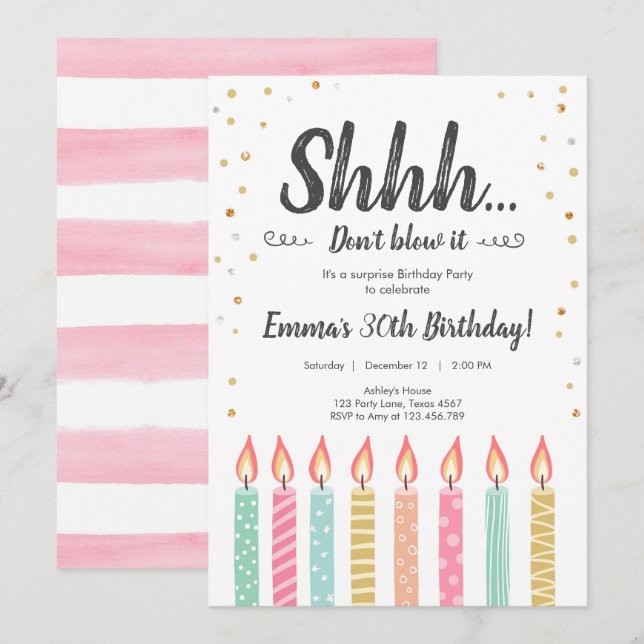 Invitation Shhh C'est une Surprise Gold Confetti fête d'anniv (Devant / Derrière)