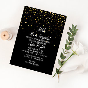 Invitation Shhh C'est une surprise Gold Confetti sur Black Pa