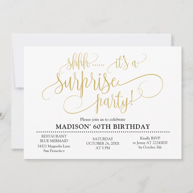 Invitation Shhh Surprise fête d'anniversaire (Devant)