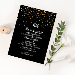 Invitation Shhh Surprise Gold Confetti sur la Graduation Noir