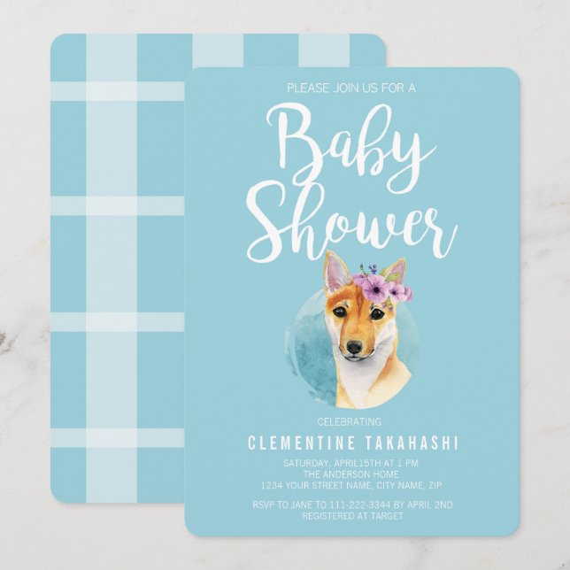 Invitation Shiba Inu avec le bleu de baby shower de la (Devant / Derrière)