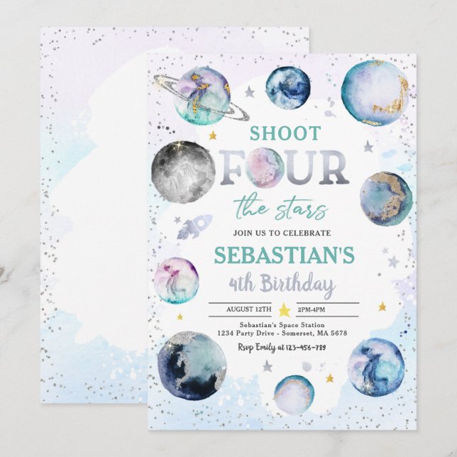 Invitation Shoot Four The Stars Space 4th Birthday Party (Devant / Derrière)