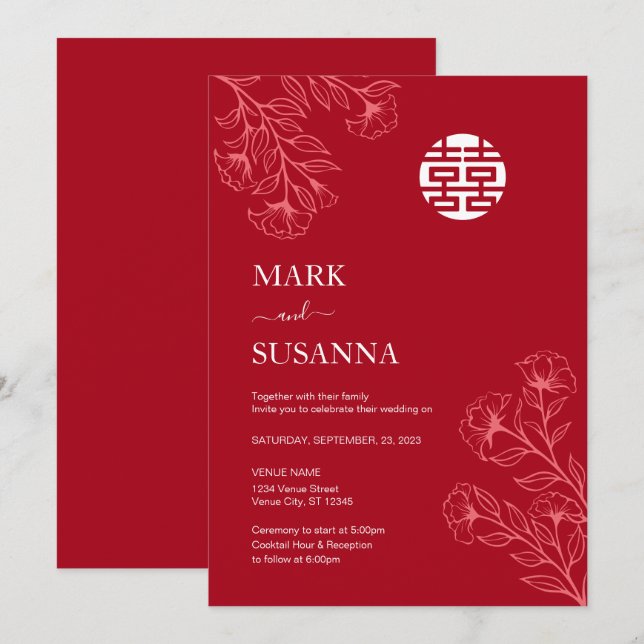 Invitation Shuang Xi Floral traditionnel Mariage chinois (Devant / Derrière)