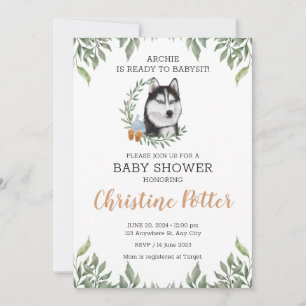 Invitation Sibérie Husky Chien Boy Boho Baby shower verdoyant