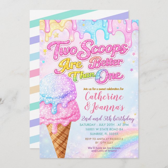 Invitation Sibling Double the Scoops Joint Birthday  (Devant / Derrière)