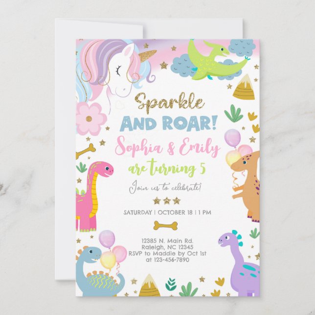 Invitation Siblings unicorn and dinosaurs invitation. (Devant)