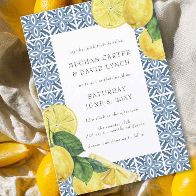 Invitation Sicilienne Carrelage bleu méditerranéen Citron Mar (Créateur téléchargé)
