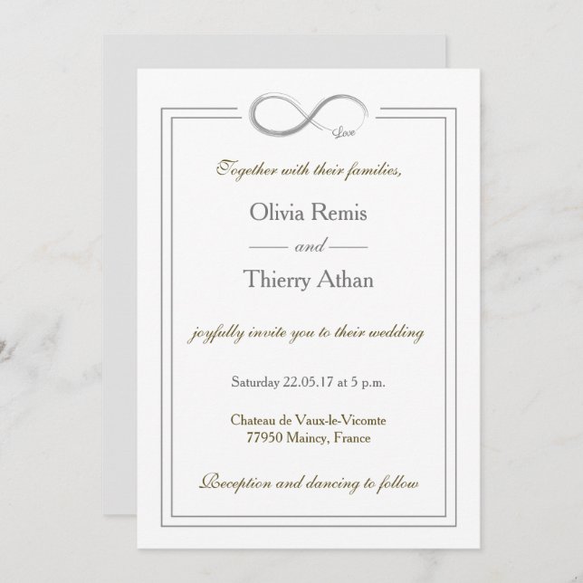 Invitation Signal d'infini unique mariage blanc or gris (Devant / Derrière)