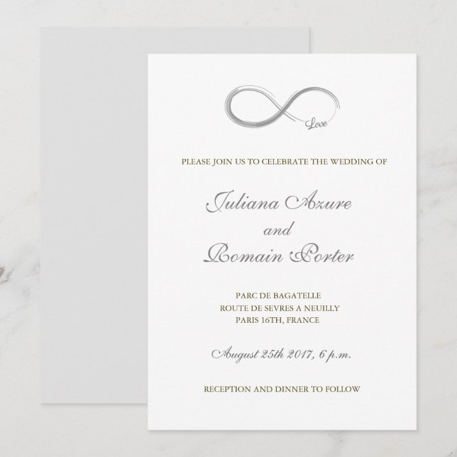 Invitation Signal d'infini unique mariage blanc or gris (Devant / Derrière)