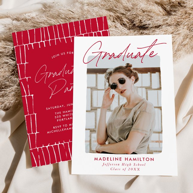 Invitation Signature Script Red Photo Graduation Party (Créateur téléchargé)