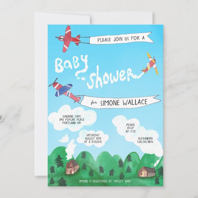 Invitation Signaux de fumée des avions BABY SHOWER d'aquarell (Devant)