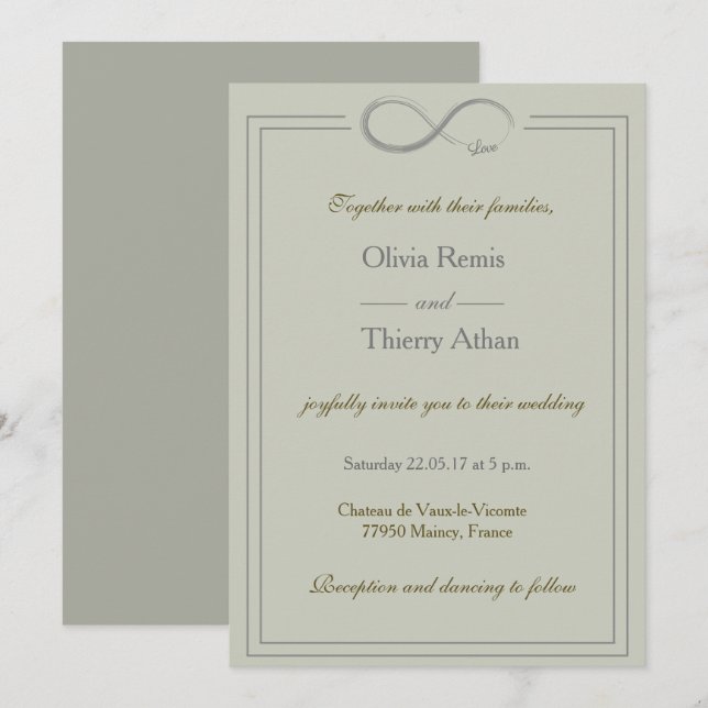 Invitation Signe d'infini unique vert olive or gris mariage (Devant / Derrière)