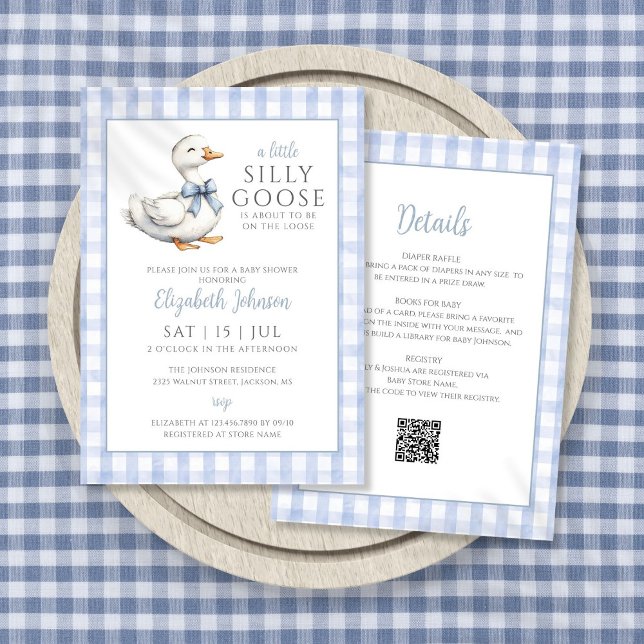 Invitation Silencieux Baby shower Garçon Bleu Oie Tout en un (Silly Goose Blue Boy Baby Shower All In One Invitation)