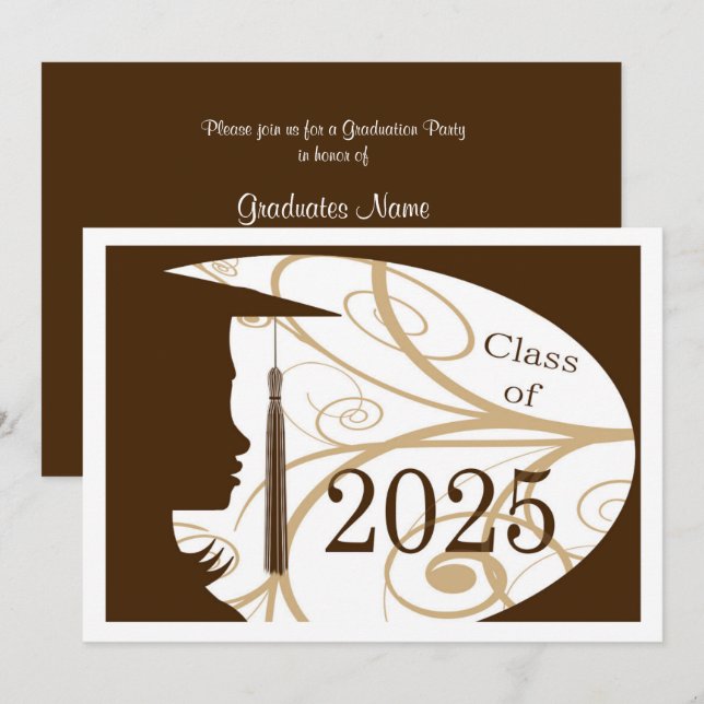 Invitation Silhouette Brown et blanche 2025 Graduation Party (Devant / Derrière)