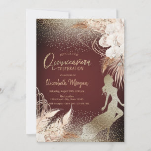 Invitation Silhouette de fille, fleurs boho florales herbe de