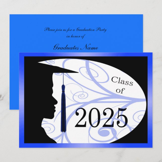 Invitation Silhouette homme bleu et noir 2025 Graduation Part (Devant / Derrière)