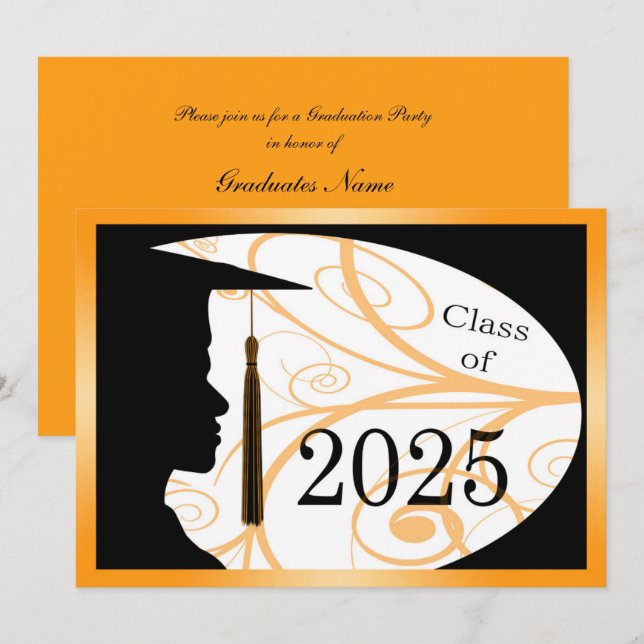 Invitation Silhouette homme orange/noir 2025 Graduation Party (Devant / Derrière)
