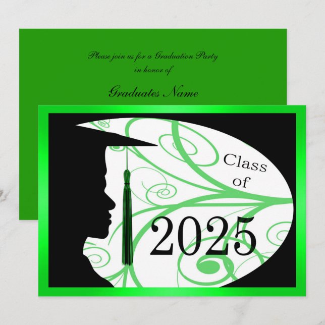 Invitation Silhouette homme vert et noir 2025 Graduation Part (Devant / Derrière)