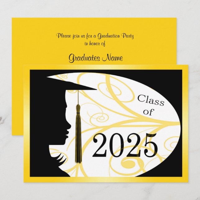 Invitation Silhouette jaune et noire 2025 Graduation Party (Devant / Derrière)