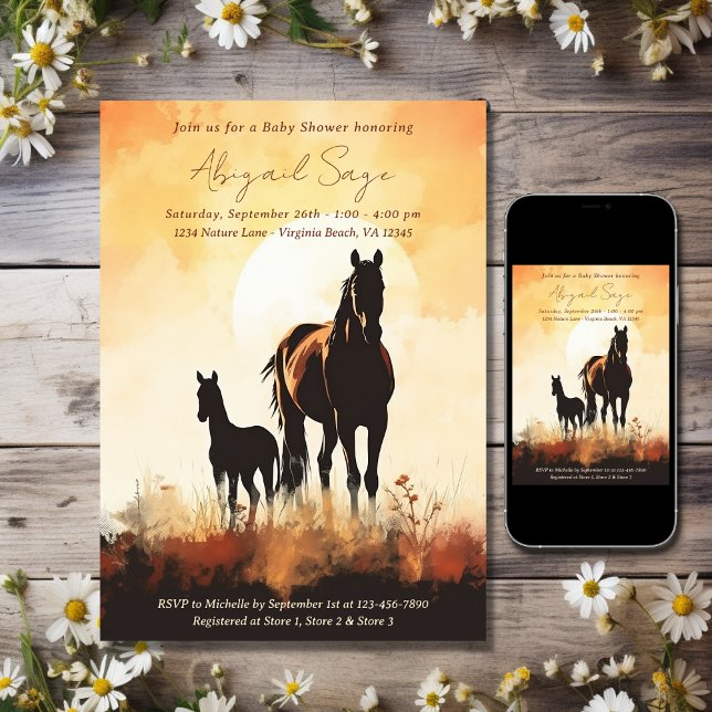 Invitation Silhouette Mare et Foie Sunset Horse Baby shower (Printed and Digital - Silhouette Mare and Foal Sunset Horse Baby Shower Invitation)