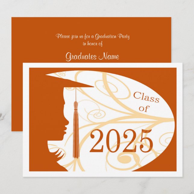 Invitation Silhouette orange et blanche 2025 Graduation Party (Devant / Derrière)