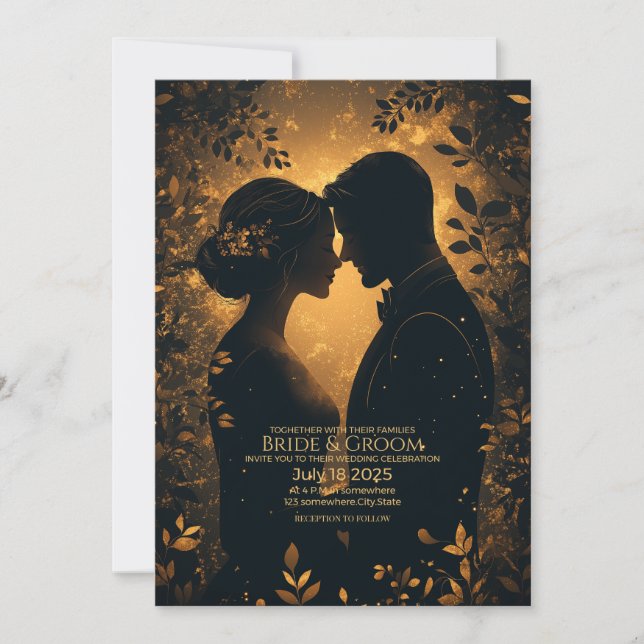 Invitation Silhouette romantique avec Arrière - plan or éléga (Devant)