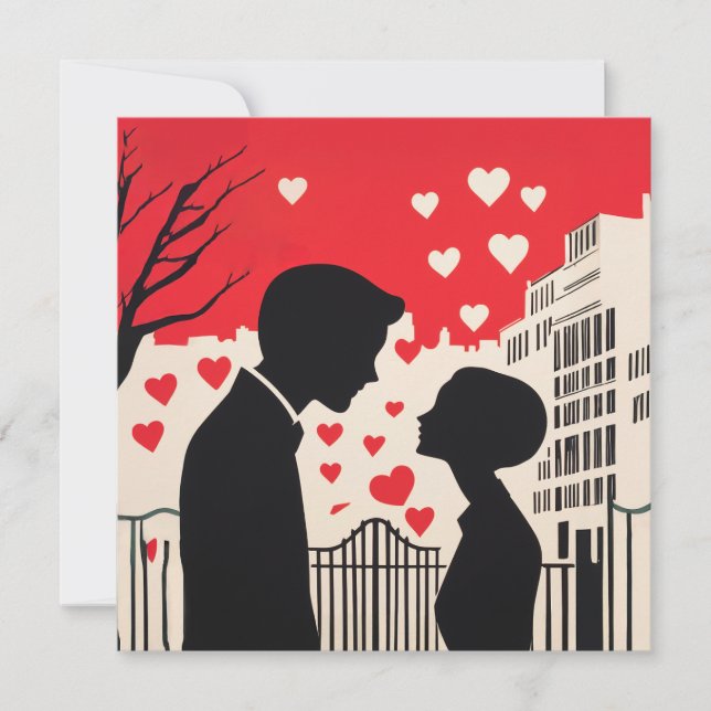 Invitation Silhouette romantique Couple Coeurs Cityscape (Devant)