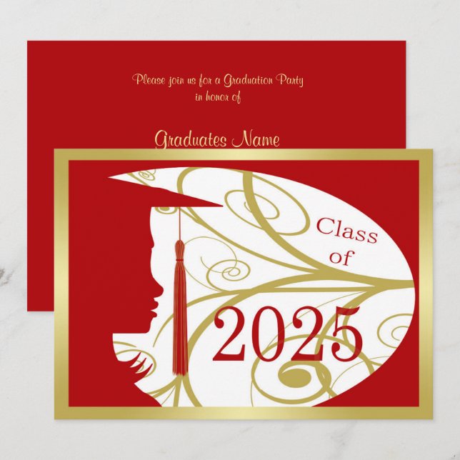Invitation Silhouette rouge et or 2025 Graduation Party (Devant / Derrière)