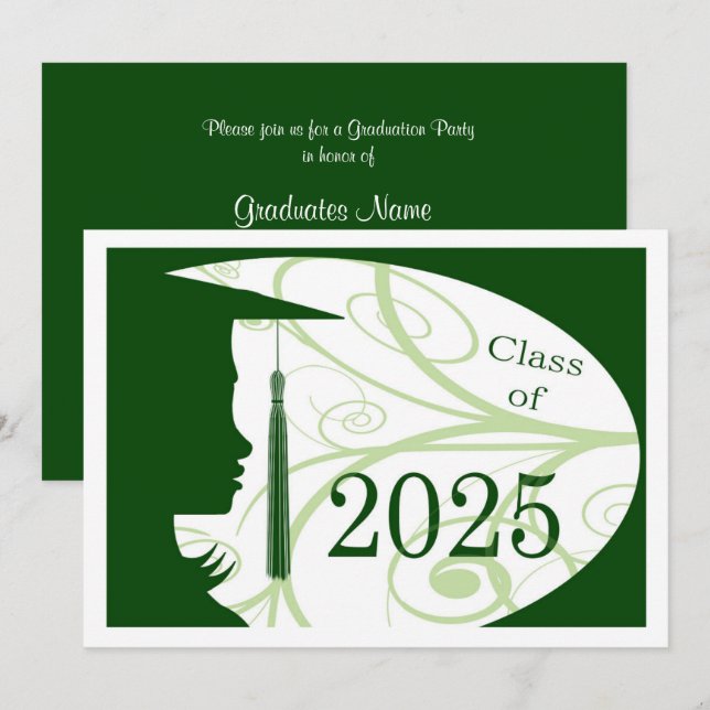 Invitation Silhouette verte et blanche 2025 Graduation Party (Devant / Derrière)