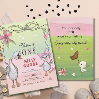 Invitation Silly Goose 1st Birthday Pink Bow Green Coquette 
