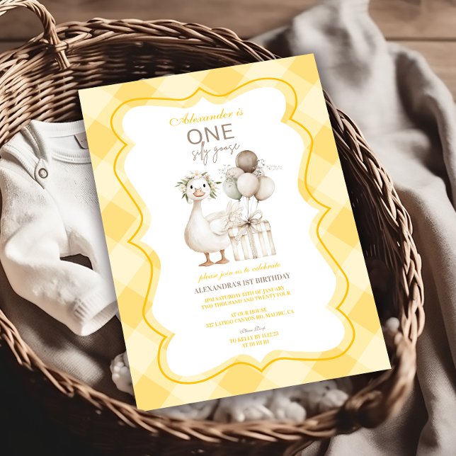 Invitation Silly Goose 1st Birthday Yellow Gingham (Créateur téléchargé)