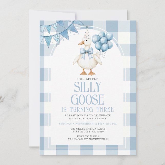 Invitation Silly Goose 3rd Birthday Blue Bow Gingham Balloon  (Devant)