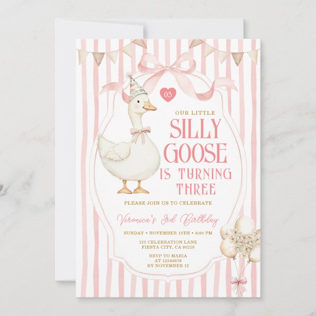 Invitation Silly Goose 3rd Birthday Pink Bow Stripe Balloon  (Devant)