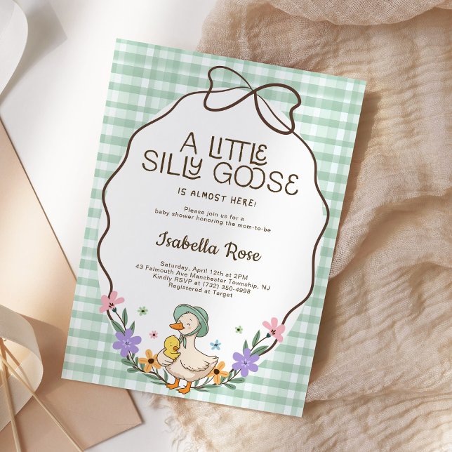 Invitation Silly Goose Baby Shower Green Gingham Neutral (Créateur téléchargé)