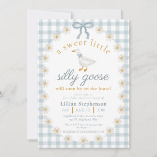 Invitation Silly Goose Blue Bow Daisy Gingham Baby Shower