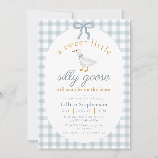 Invitation Silly Goose Blue Bow Duck Gingham Baby Shower (Devant)
