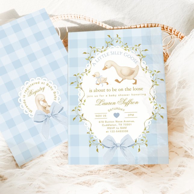 Invitation Silly Goose Blue Gingham Baby Boy Shower (Créateur téléchargé)